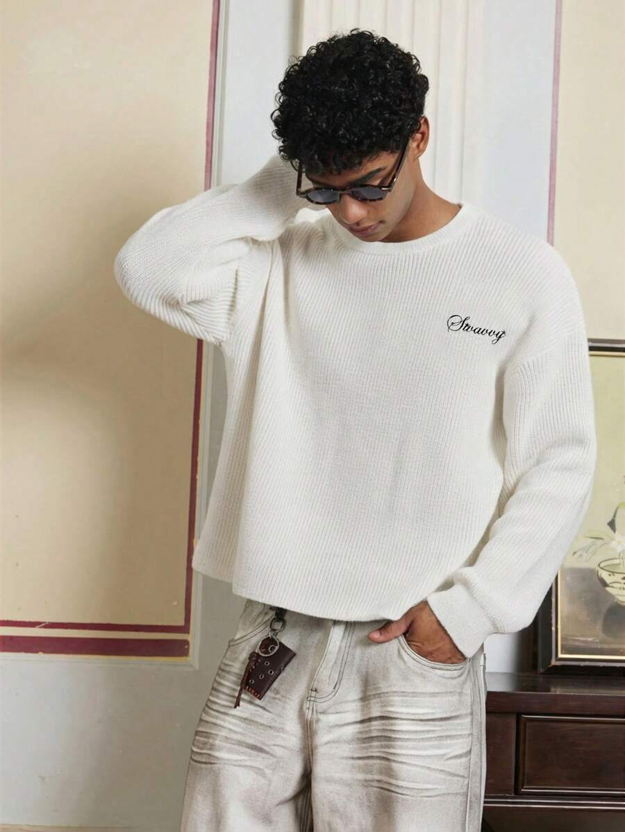 Men's Embroidery Dropped Shoulder m Casual Sweater