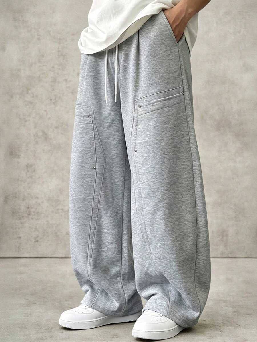 Men's Solid Color Drawstring Waist Pocket Loose Fit Sports Long Pants