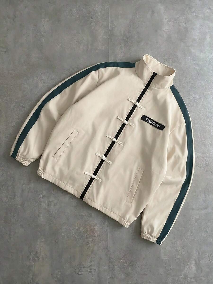 Men's Letter Print Contrast Color Long Sleeve Frog Button Jacket
