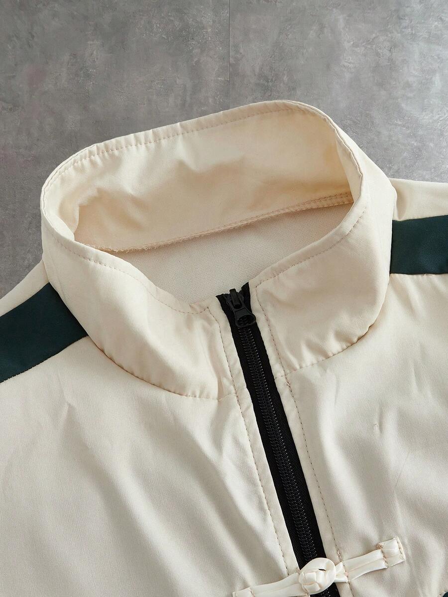 Men's Letter Print Contrast Color Long Sleeve Frog Button Jacket