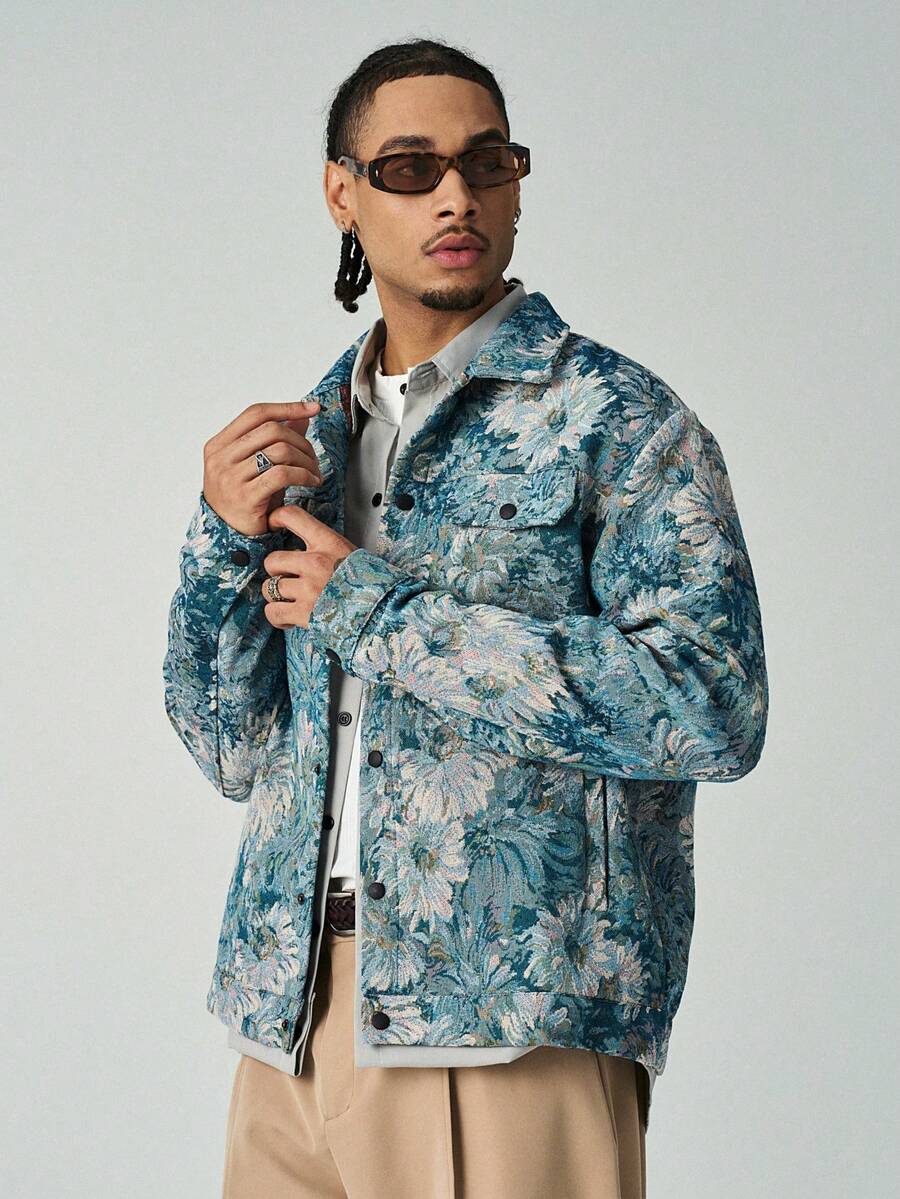 Men's Long Sleeve Floral Jacquard Casual Dress Jacket