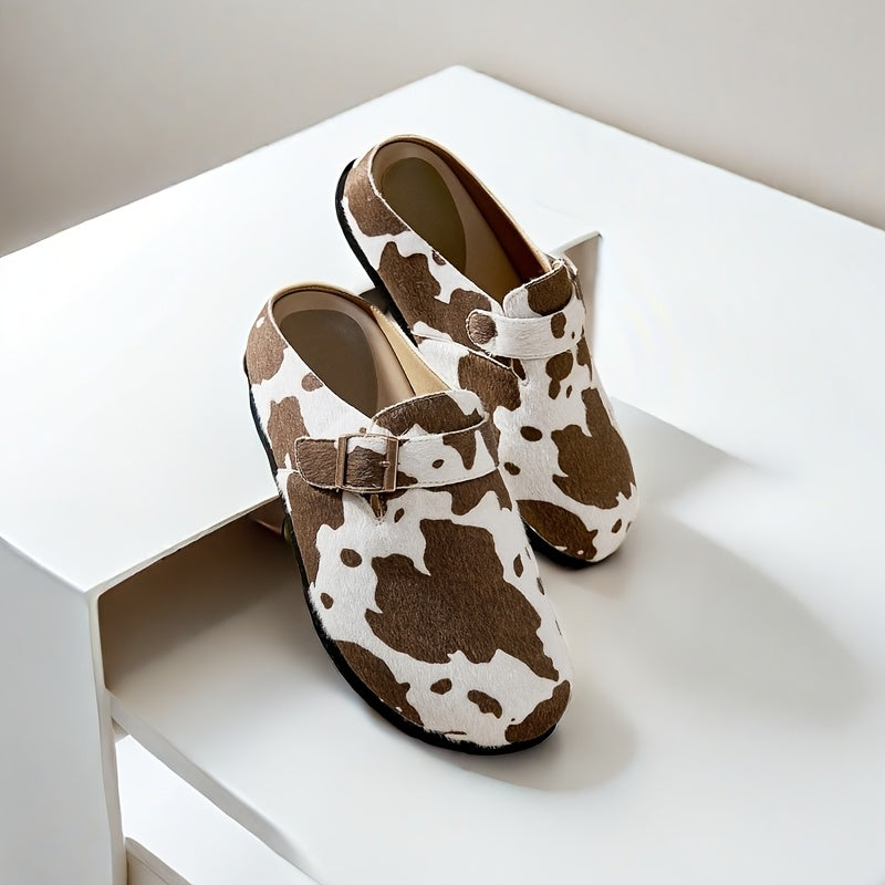 Women's Slip-On Corduroy Mules with Cow Print
