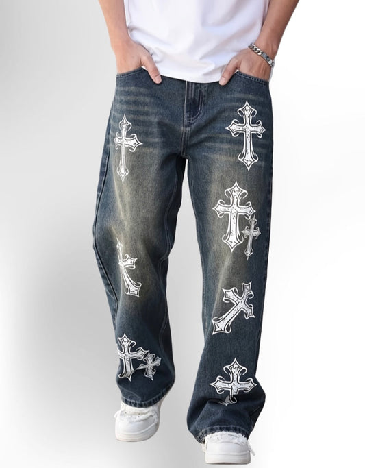 Men's Vintage Street Style Printed Loose Casual Jeans