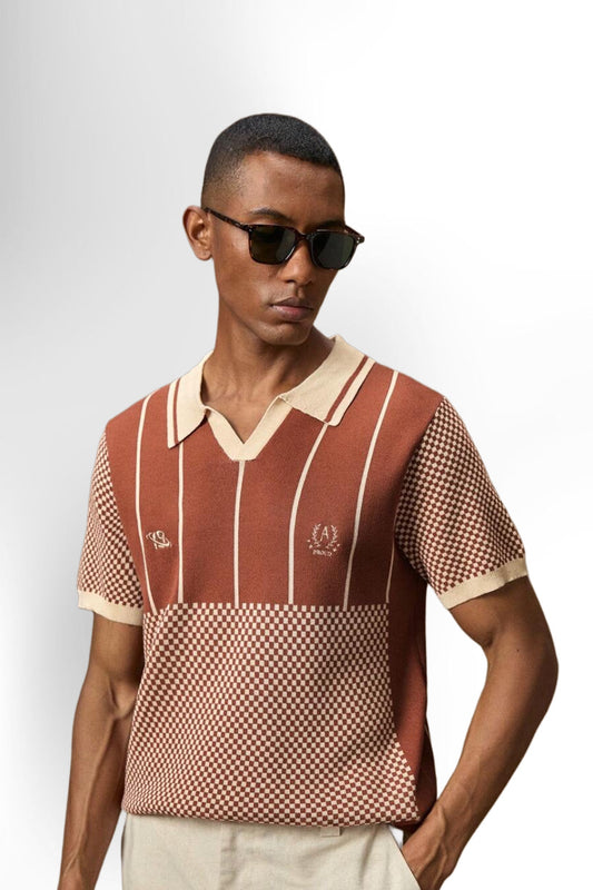 Men's Brown Knitted Short Sleeve Slim Fit Casual Polo Shirt