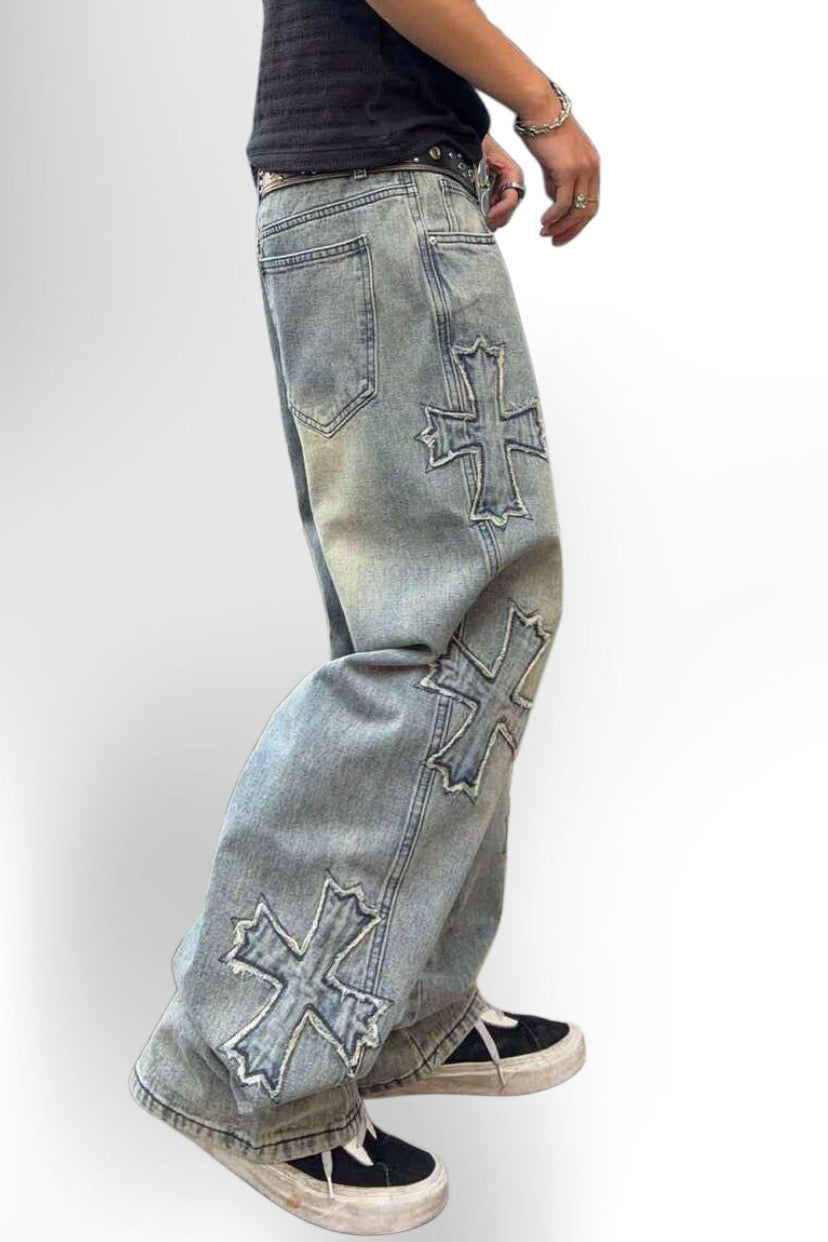 Men's Cross Embroidered Denim Jeans