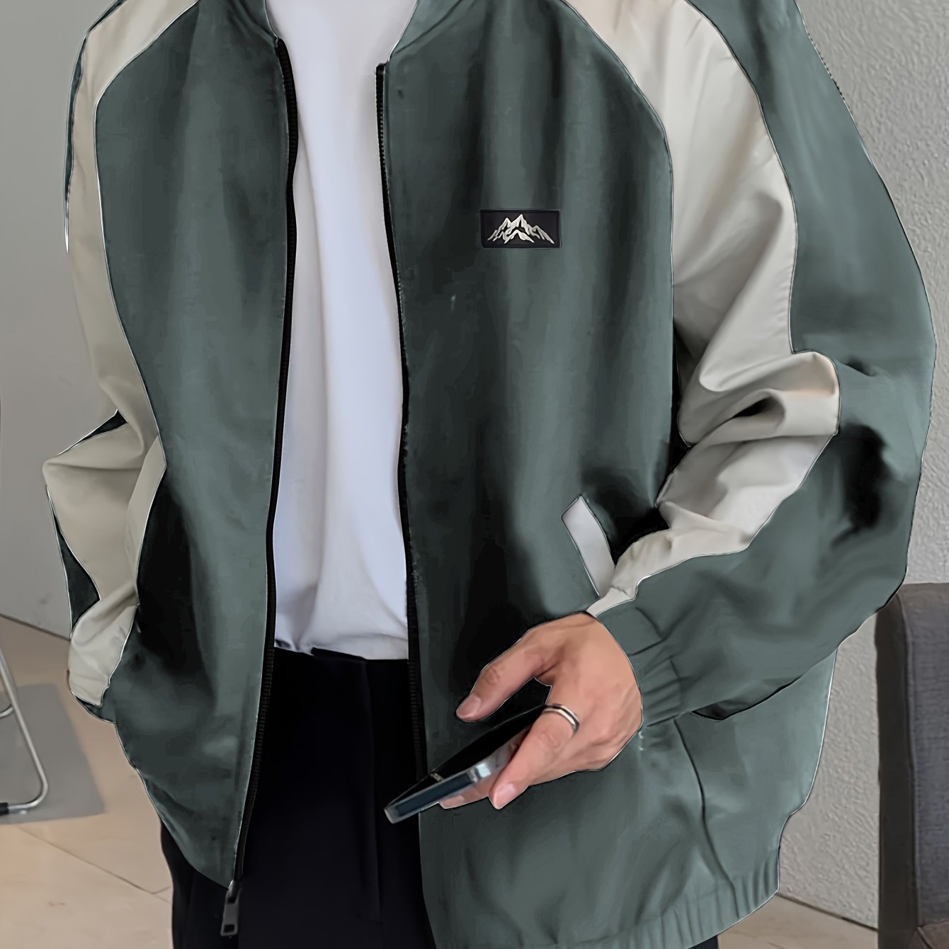 Color Block Jacket with Baseball Collar