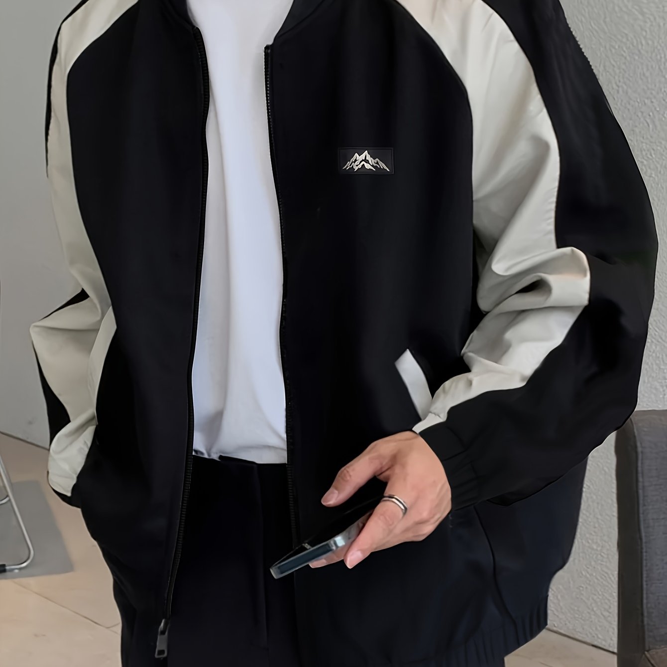 Color Block Jacket with Baseball Collar