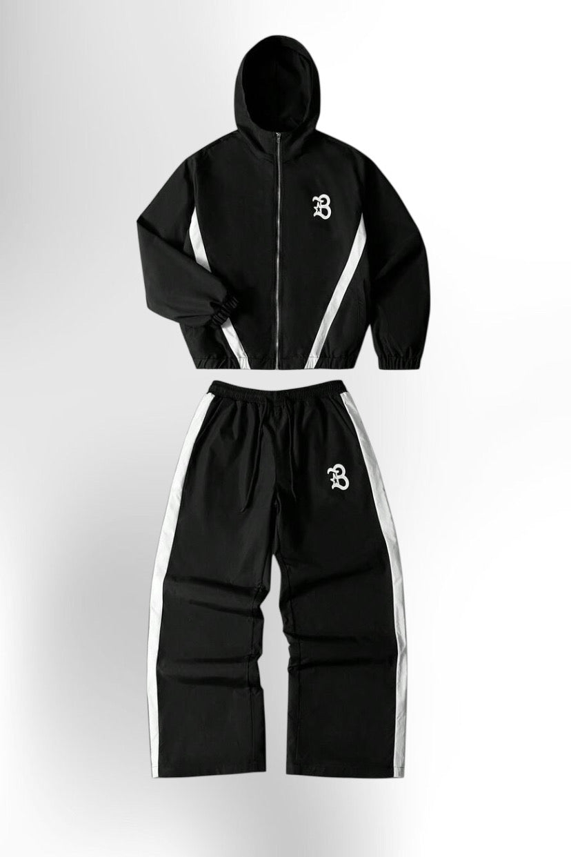 Men's Letter Print Hooded Zip-Up Jacket And Contrast Trim Pants 2Piece Set