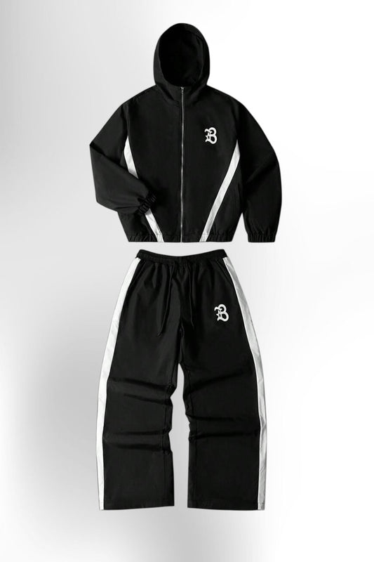Men's Letter Print Hooded Zip-Up Jacket And Contrast Trim Pants 2Piece Set