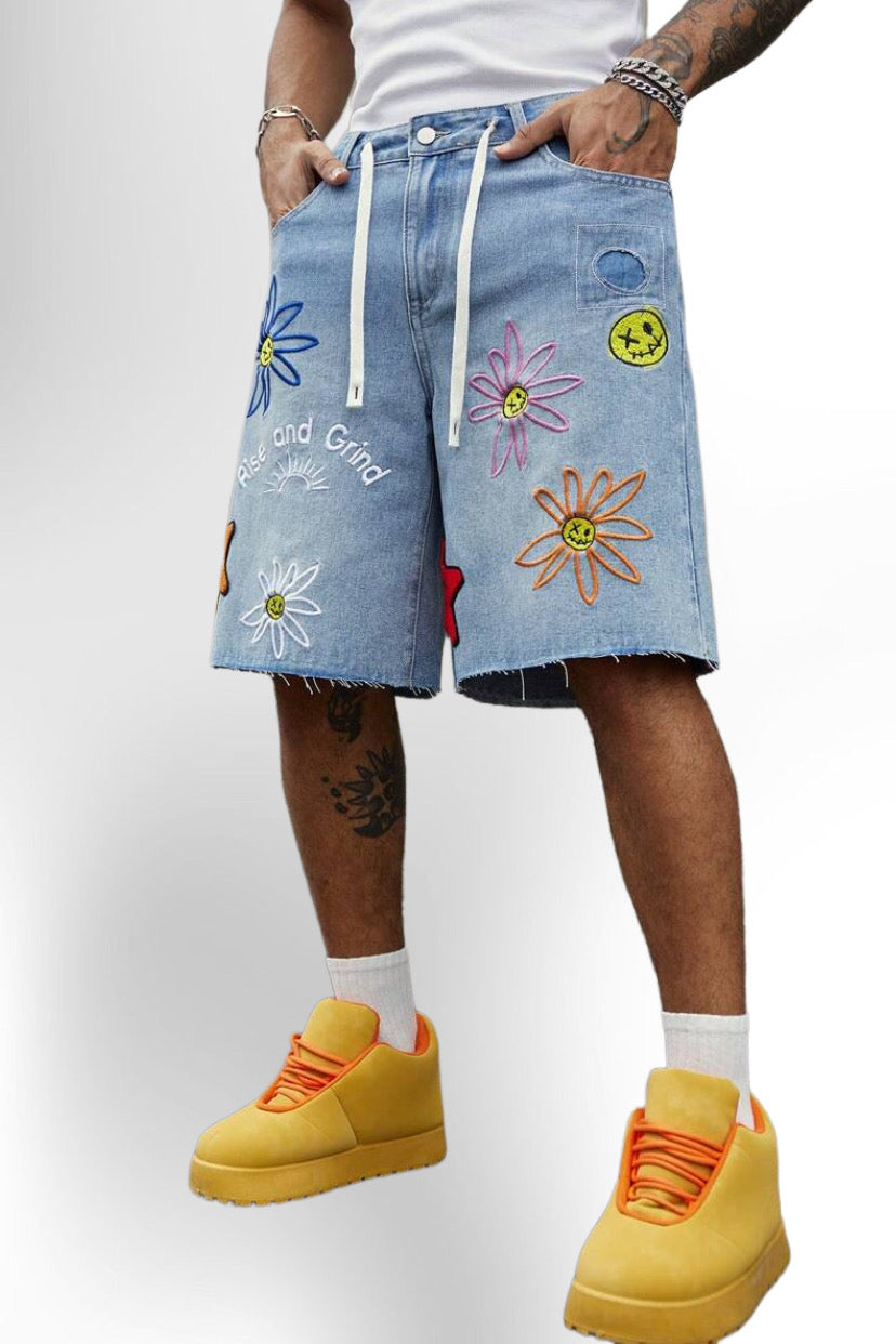 Men's Summer Casual Floral Embroidery Denim Shorts