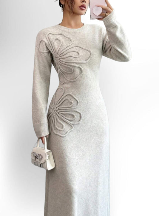 Women's Floral Print Long Sleeve Knitted Sweater Dress