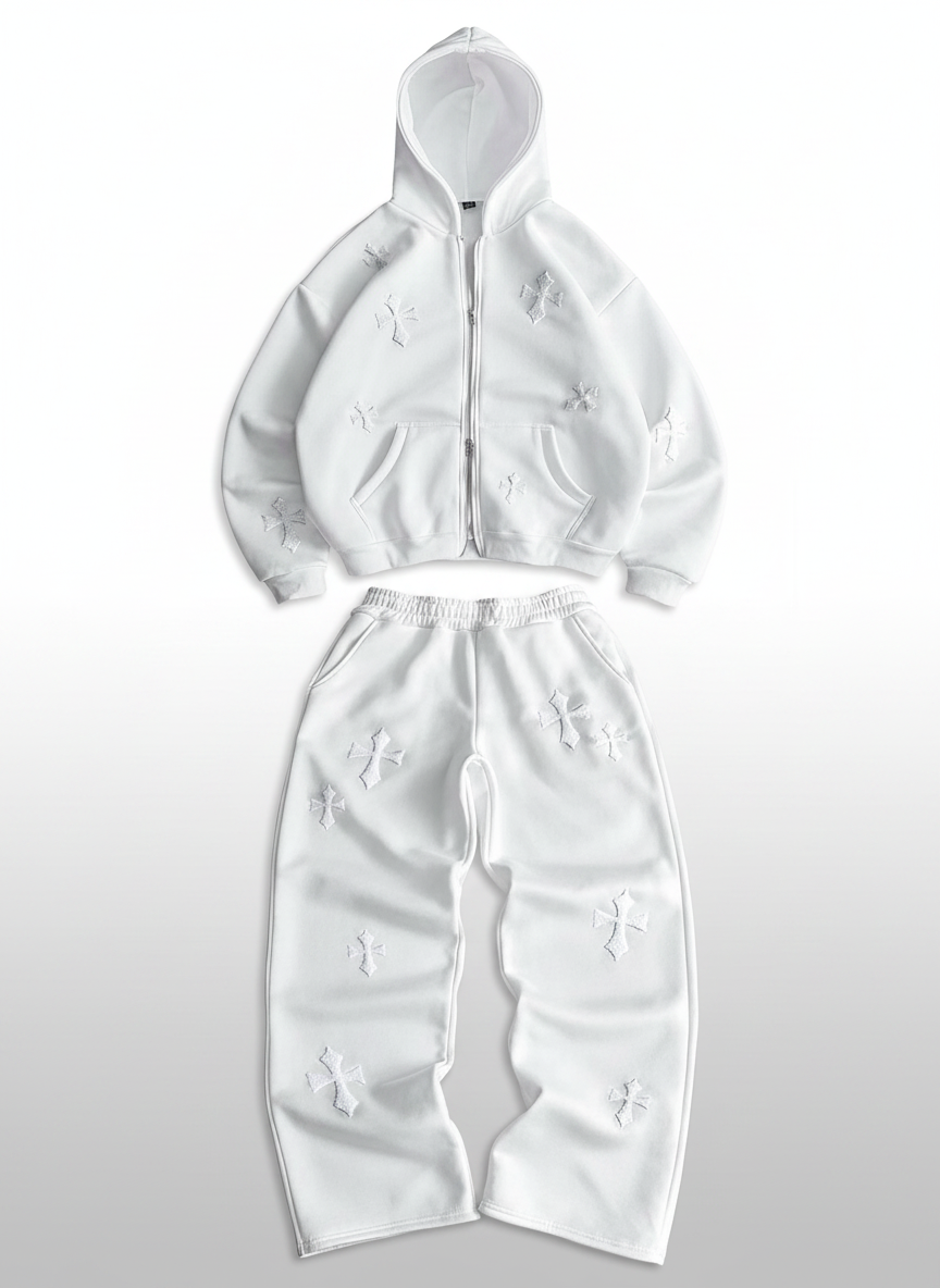 Cross Print Embroidered Hoodie Sweatshirt Set