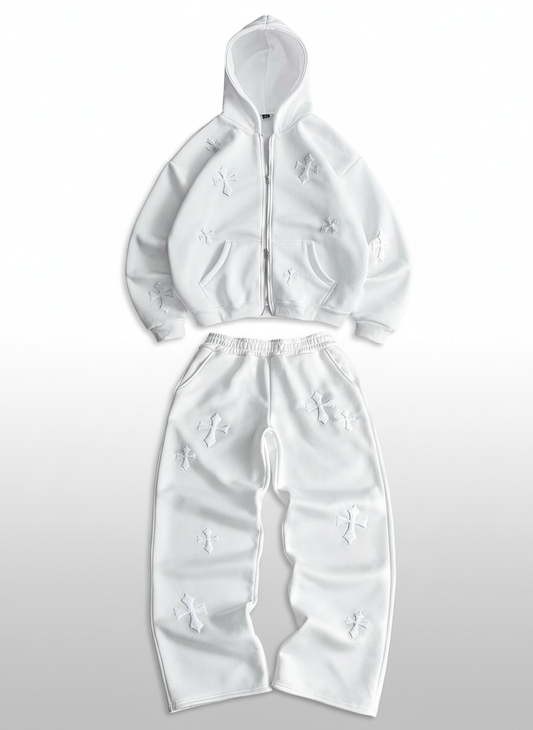 Cross Print Embroidered Hoodie Sweatshirt Set