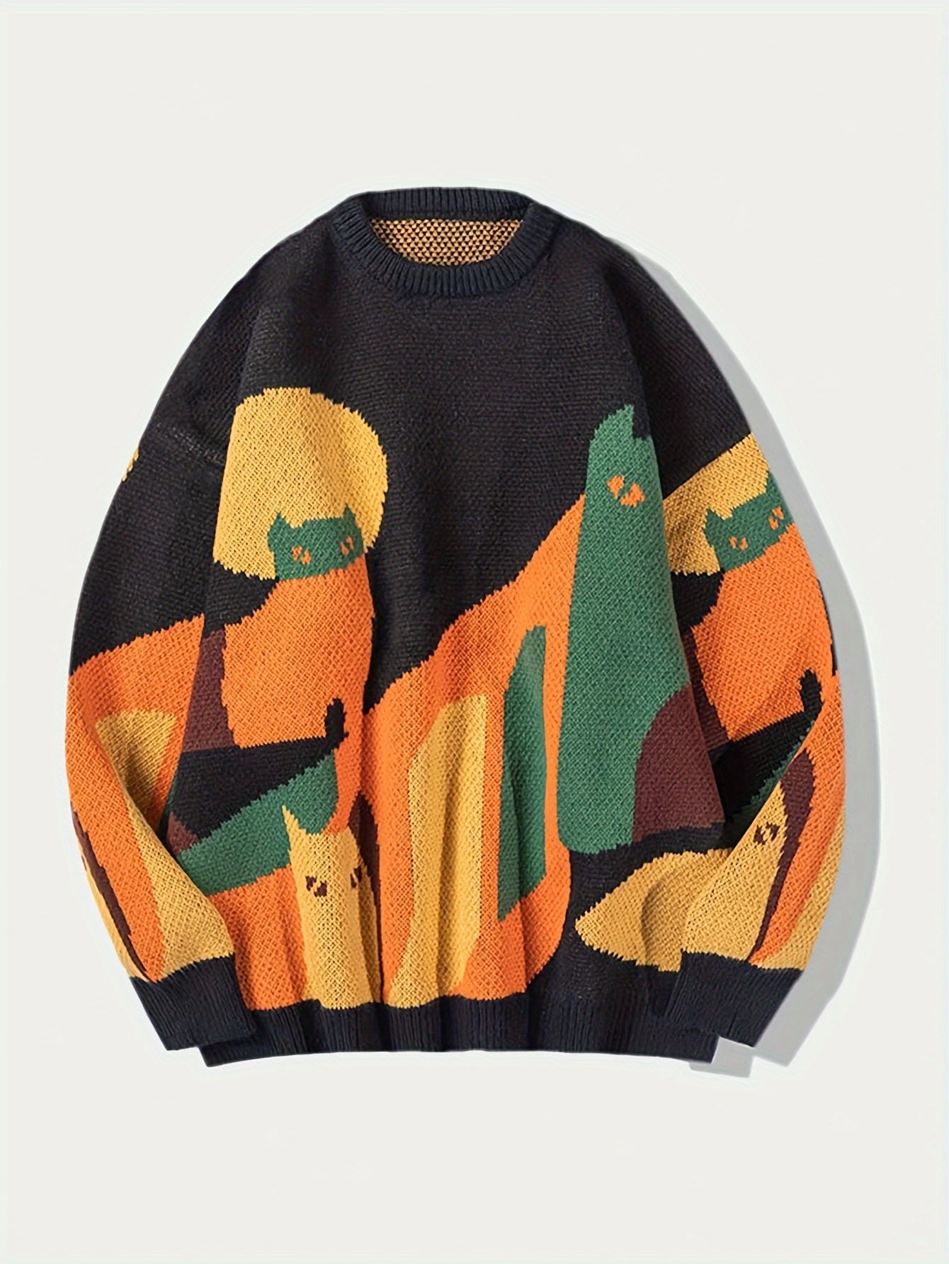 Casual Cat Pattern Knitted Crew Neck Sweater
