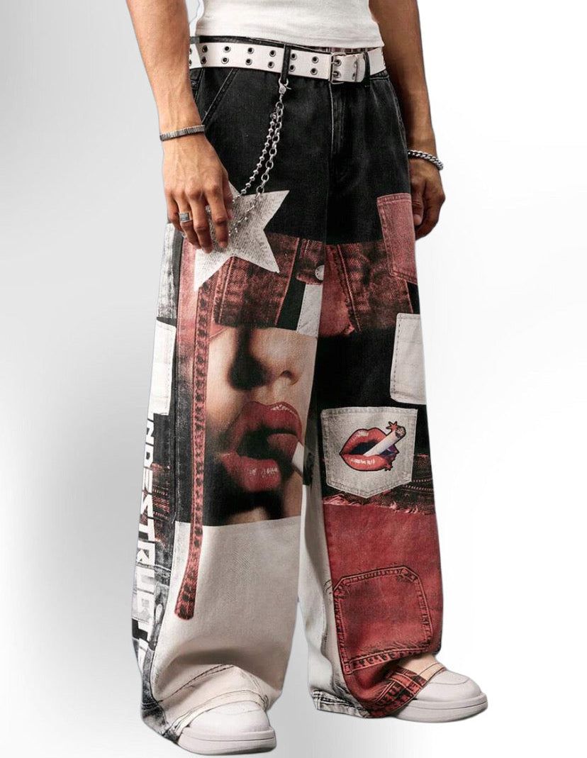 Men's Straight Digital Lip Print Casual Jeans