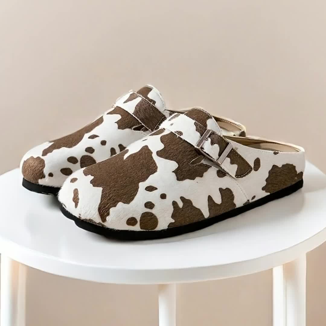 Women's Slip-On Corduroy Mules with Cow Print