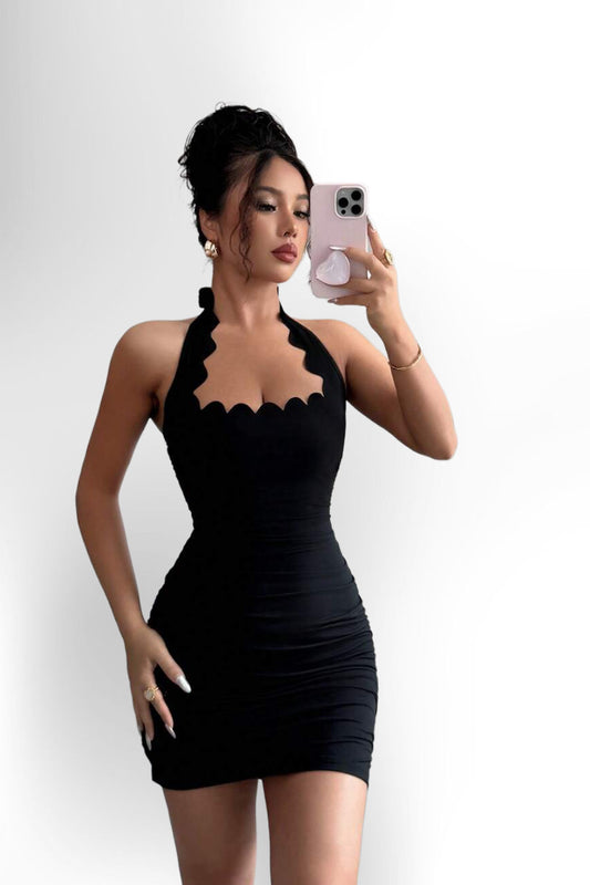 Halter Tie Ruffle Edge Square Neck Bodycon Pleated Mini Dress