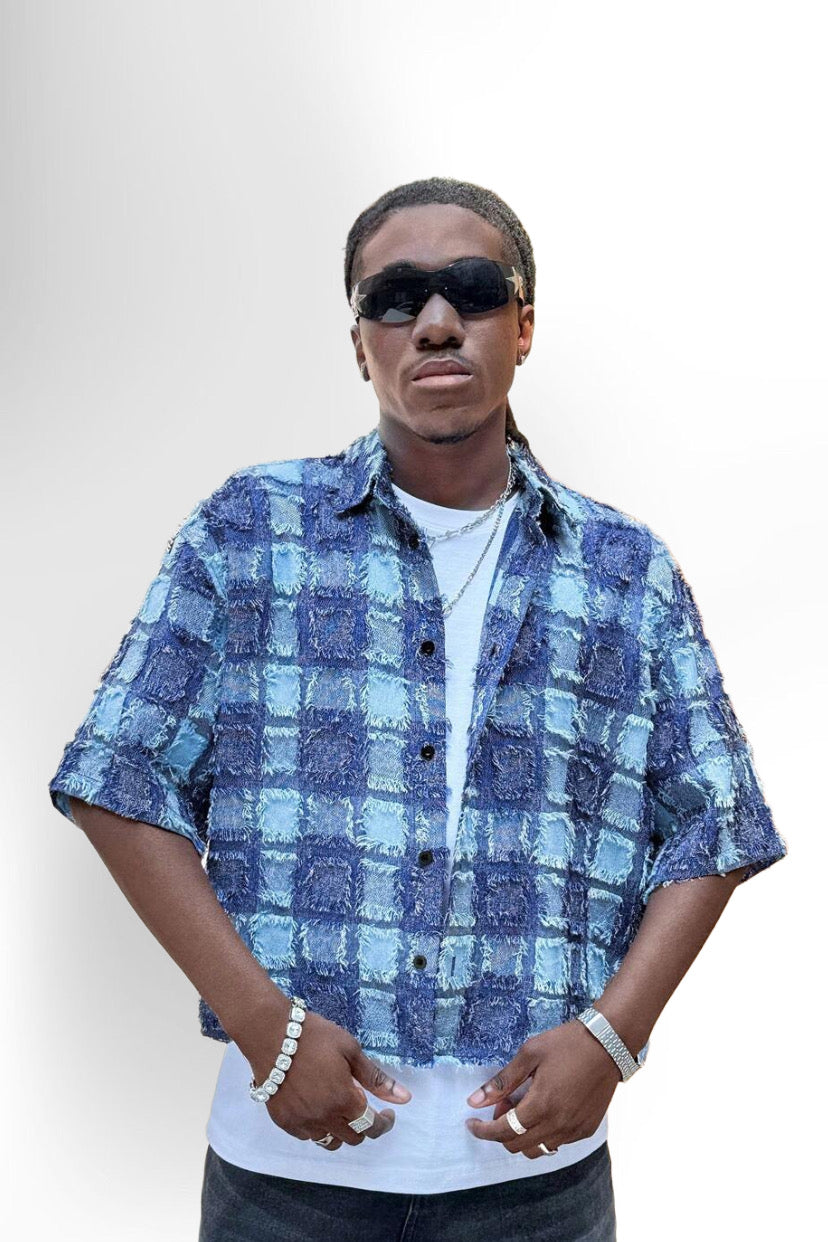 Men's Plaid Woven Short Sleeve Cropped Shirt