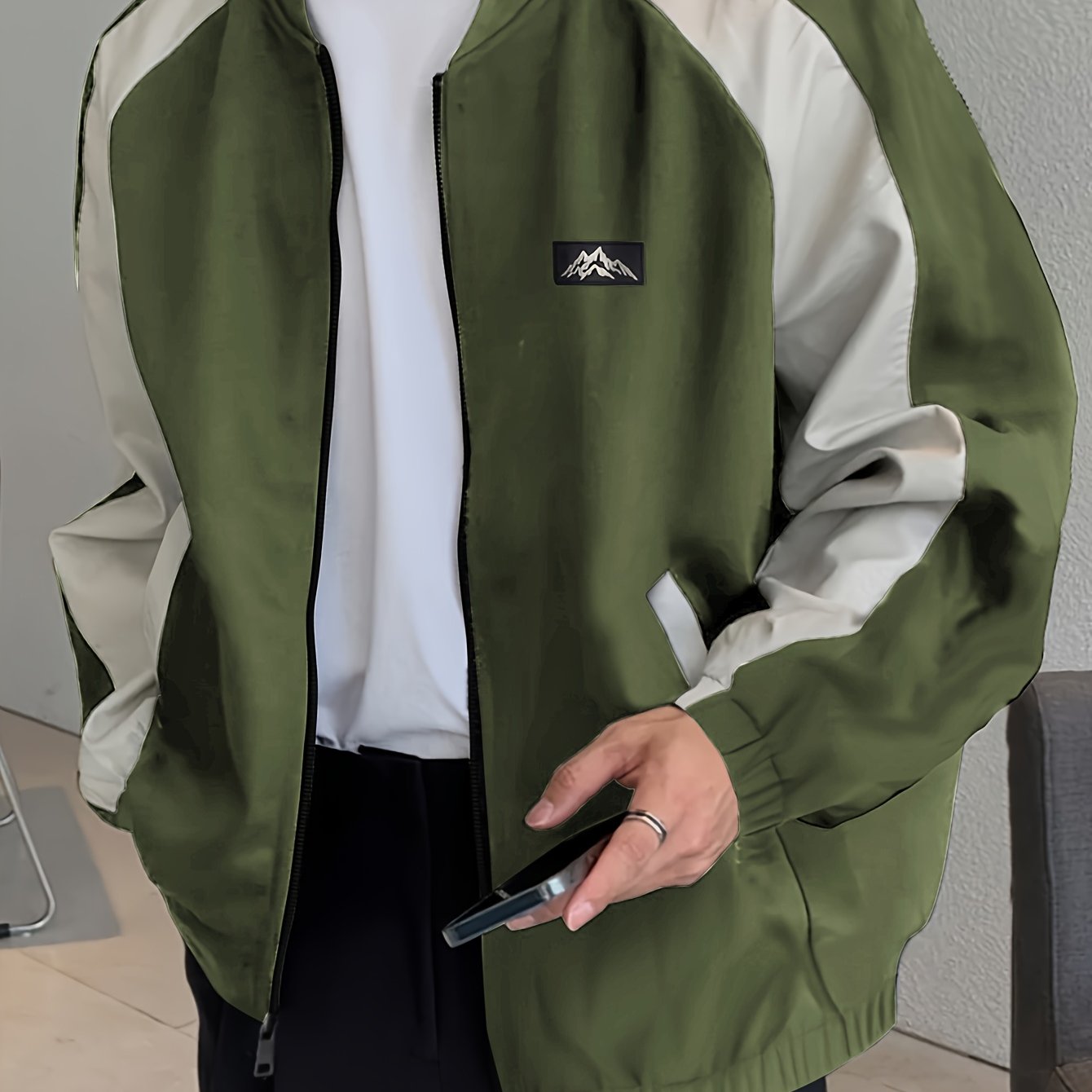 Color Block Jacket with Baseball Collar