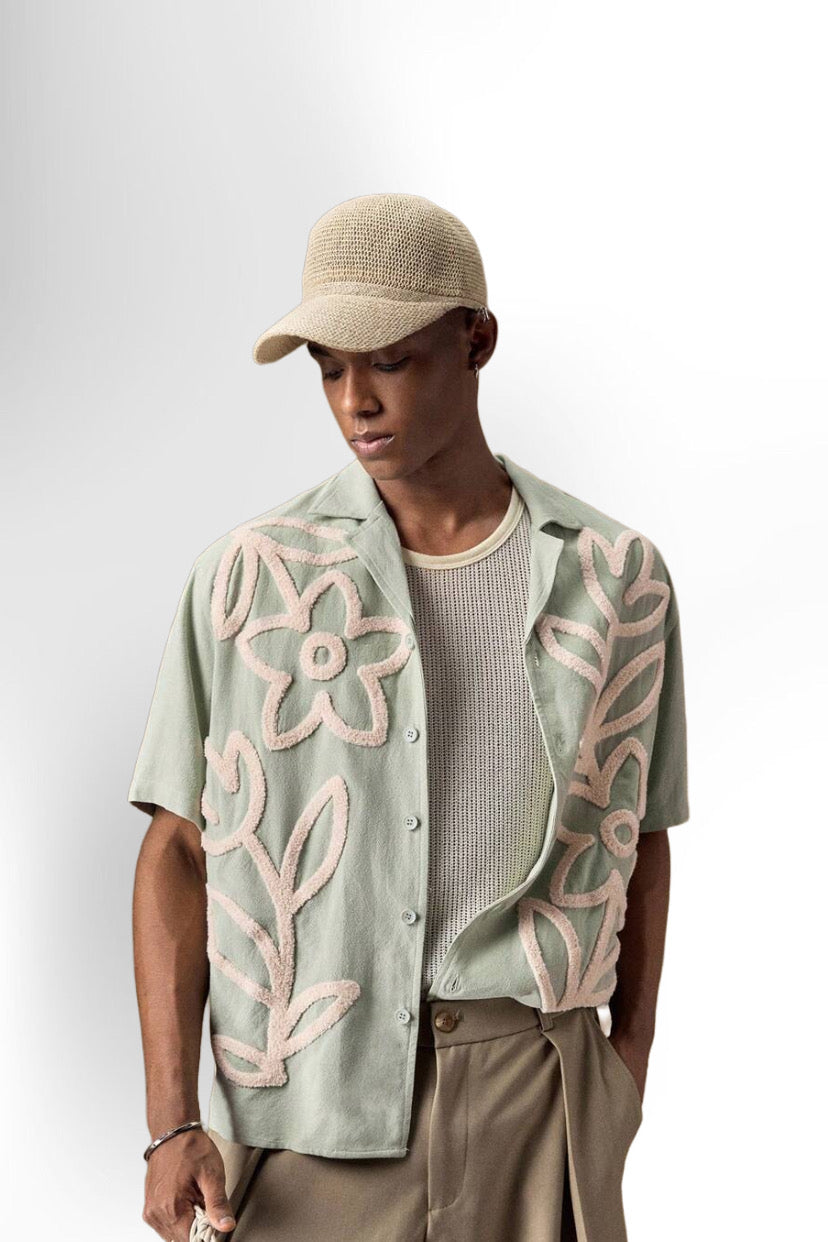 Men's Business Casual Embroidered Floral Pattern Woven Casual Short Sleeve Loose Shirt