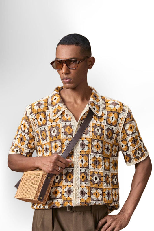 Business Casual Men's Crochet Knit Slim Fit Short Sleeve Cardigan Fall Sweater
