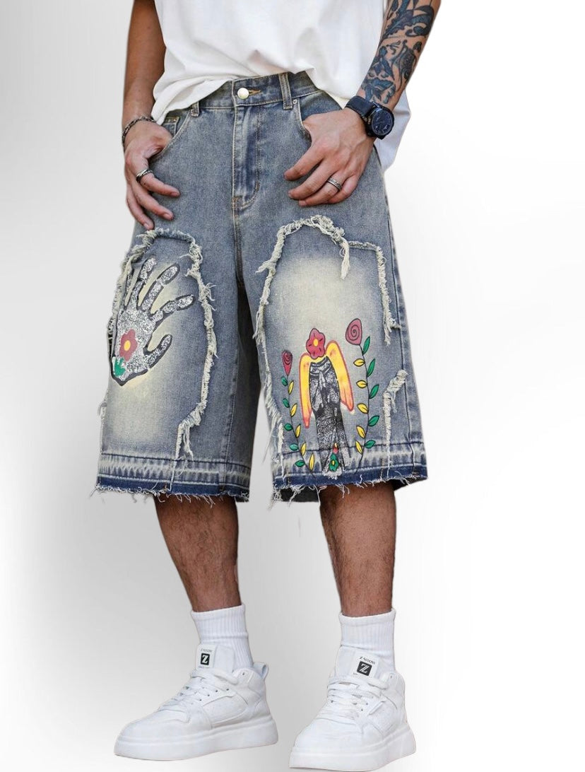 Men's Floral Pattern Frayed Pocket Wide Leg Loose Denim Shorts