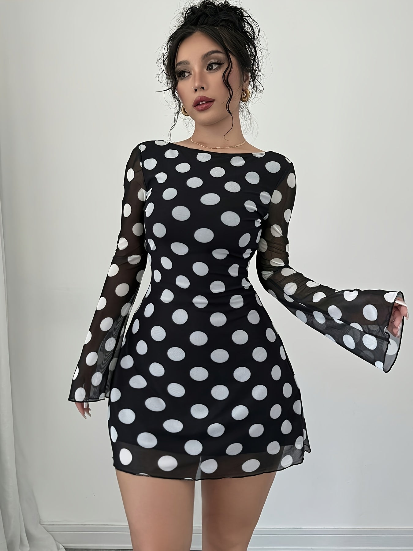 Women's Elegant Black & White Polka Dot Backless Mesh Mini Dress