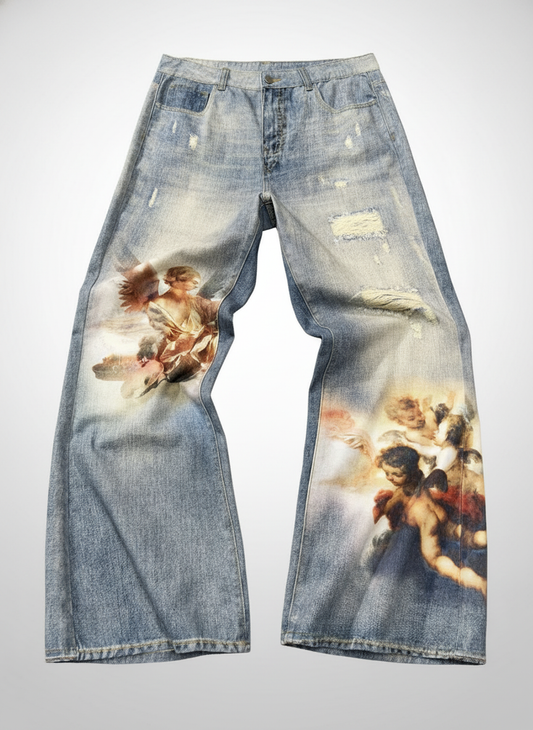 Angel Graphic Wide Leg Ripped Jeans