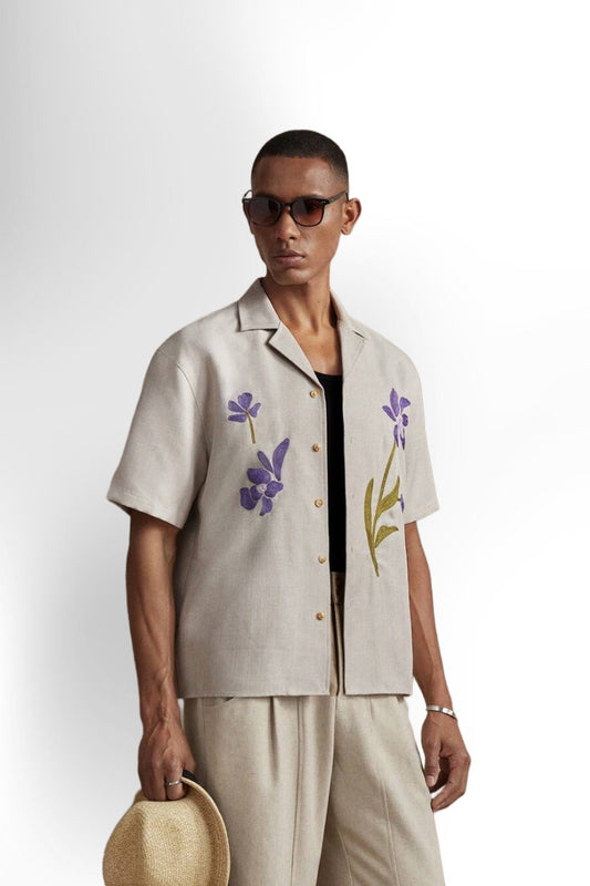 Business Casual Woven Floral Embroidered Drop Shoulder Shirt