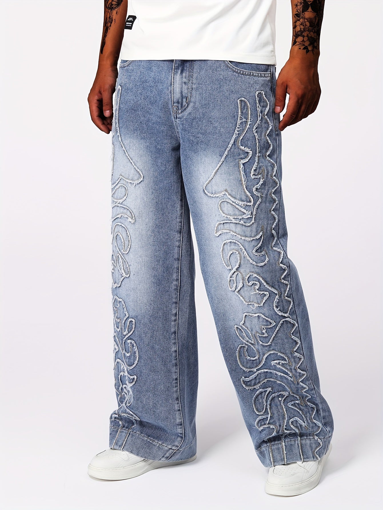 Men's Loose Geometric Embroidery Graphic Print Denim Jeans