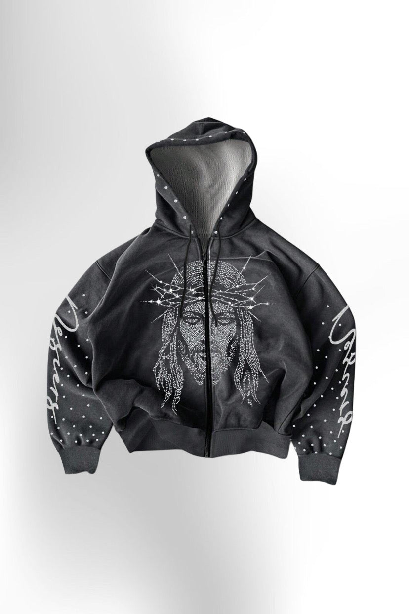 Men's Rhinestone Embellished Figure Print Zip Front Drawstring Hoodie Sweatshirt