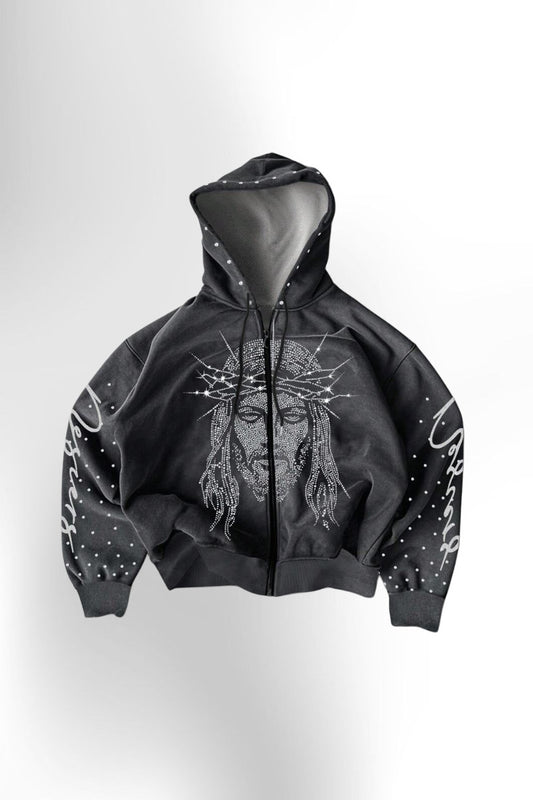 Men's Rhinestone Embellished Figure Print Zip Front Drawstring Hoodie Sweatshirt