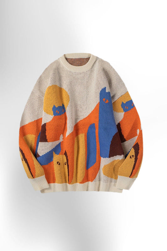 Casual Cat Pattern Knitted Crew Neck Sweater
