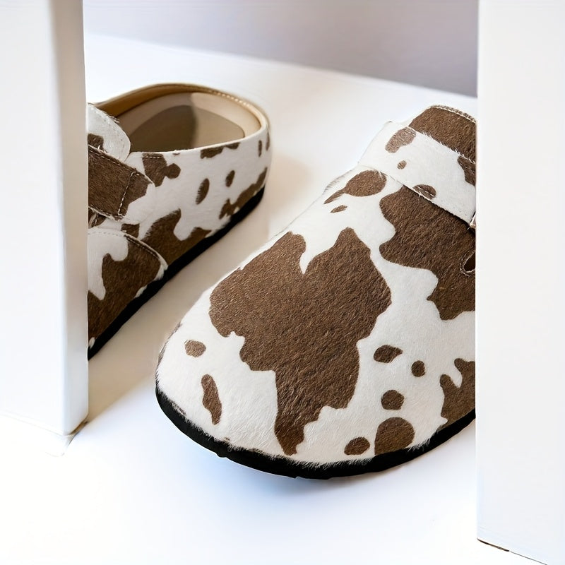 Women's Slip-On Corduroy Mules with Cow Print