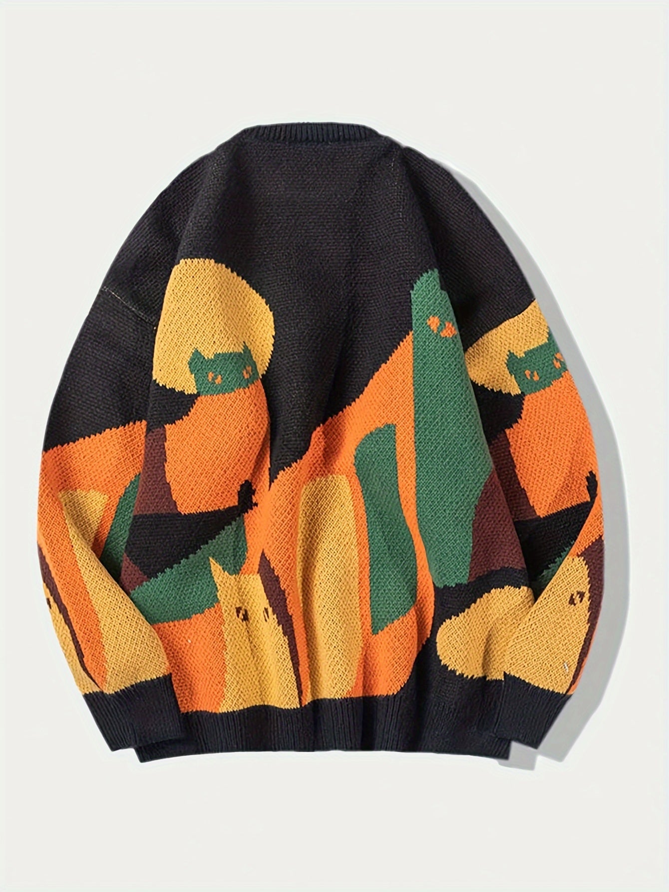 Casual Cat Pattern Knitted Crew Neck Sweater