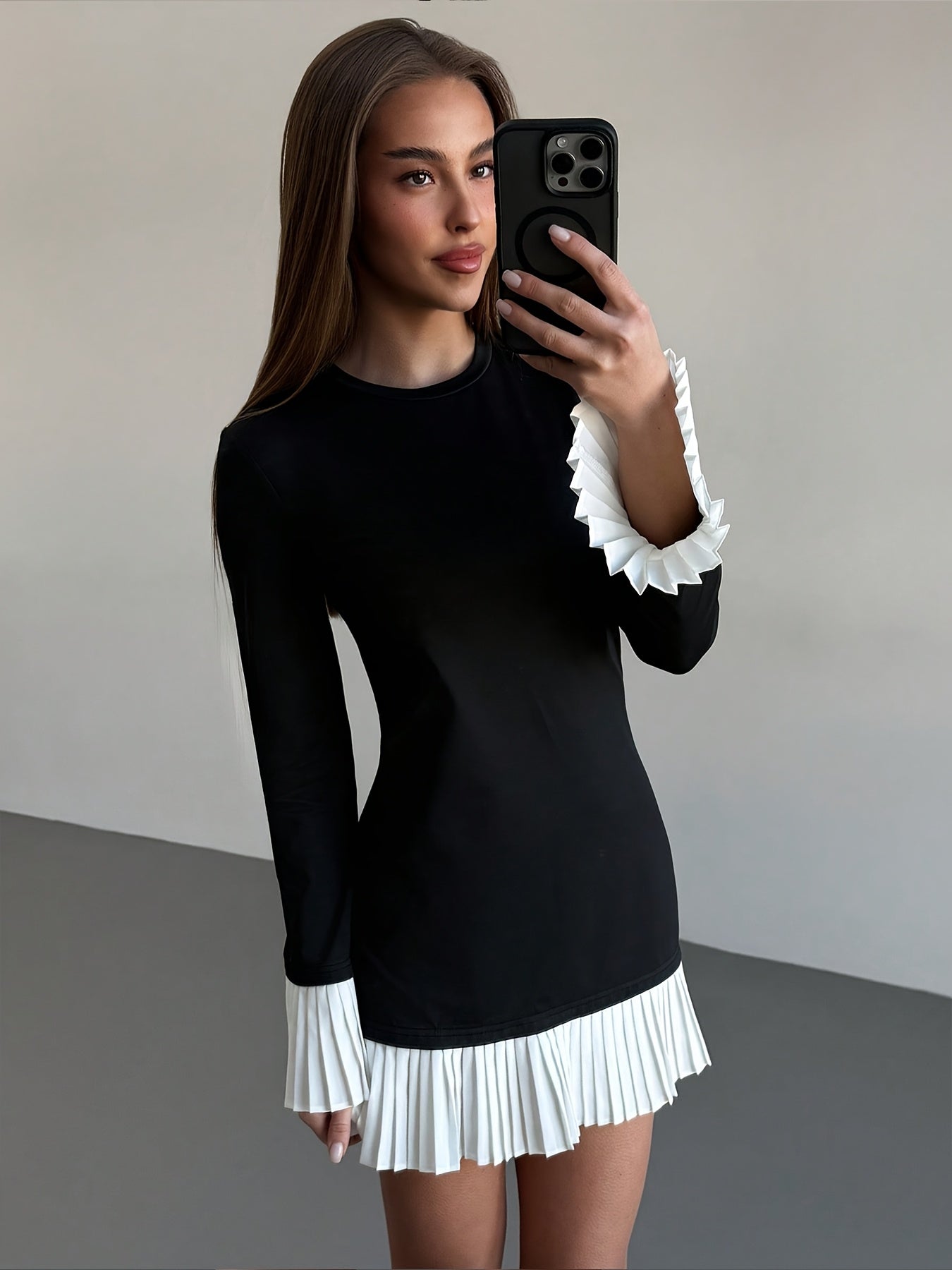 Women's Elegant A-Line Dress with Long Ruffled Sleeves & Pleated Hem