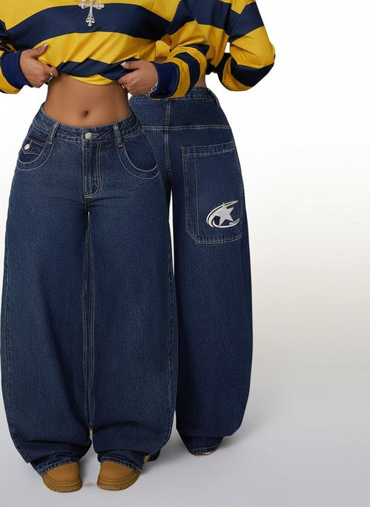 Women's Casual Low-Waist Embroidered Washed Denim Wide Leg Pants With Pockets