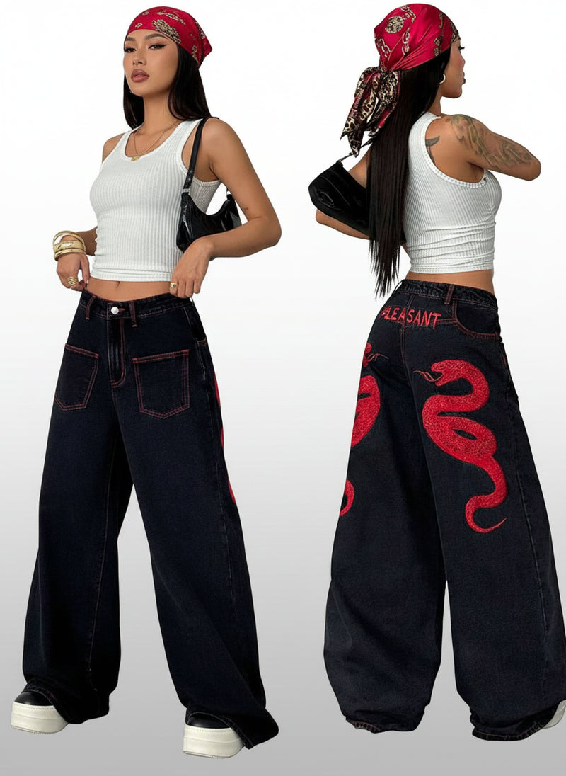 Women's Street Casual Y2K Style Embroidered Wide Leg Jeans