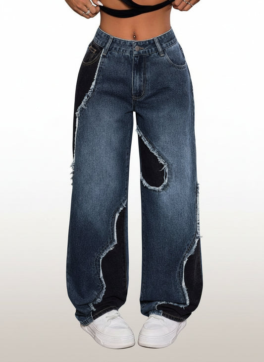 Women's Casual Street Patchwork Raw Edge Loose Wide Leg Baggy Jeans
