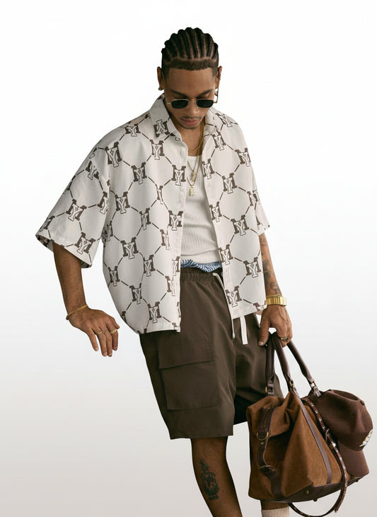 Men's Printed Polo Collar Loose Fit Short Sleeve Shirt With Tie Waist And Shorts Set
