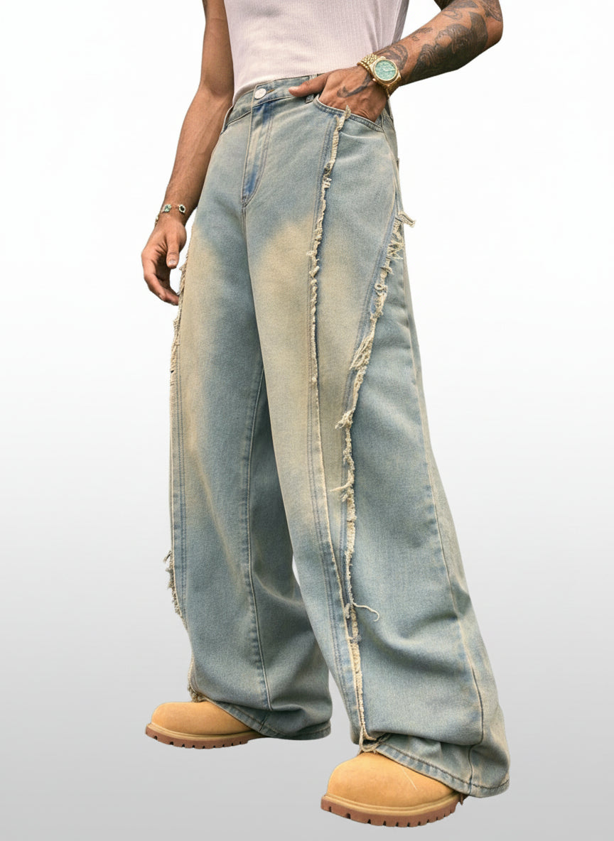 Fashionable Straight Loose Fit Patchwork Frayed Hem Men's Baggy Denim Jeans, Streetwear Style