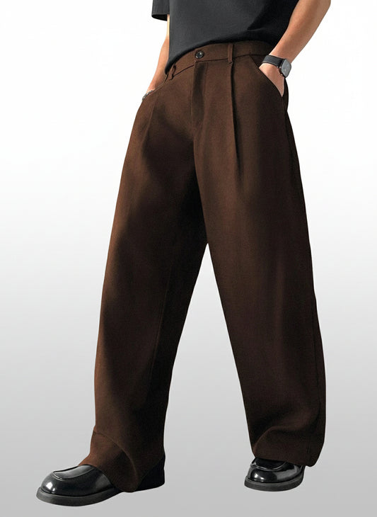 Claim Dot Men's Thick Wide Leg Pants, Solid Color With Pockets, Pleated, Loose Fit, Autumn