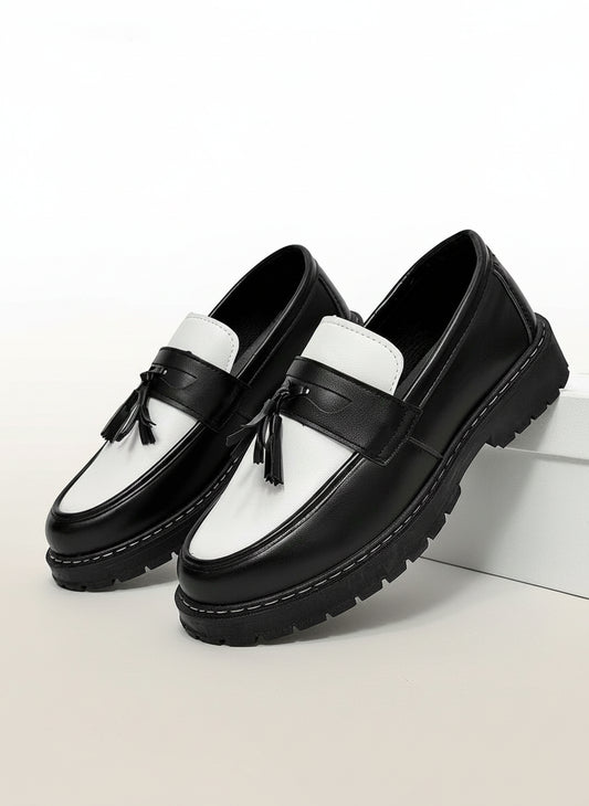 Men's Casual Thick Sole Slip-On Dress Shoes - Solid Black Elevator Dress Shoes, Durable Student Flat, Simple Retro Lightweight Work/Casual Dress Shoes