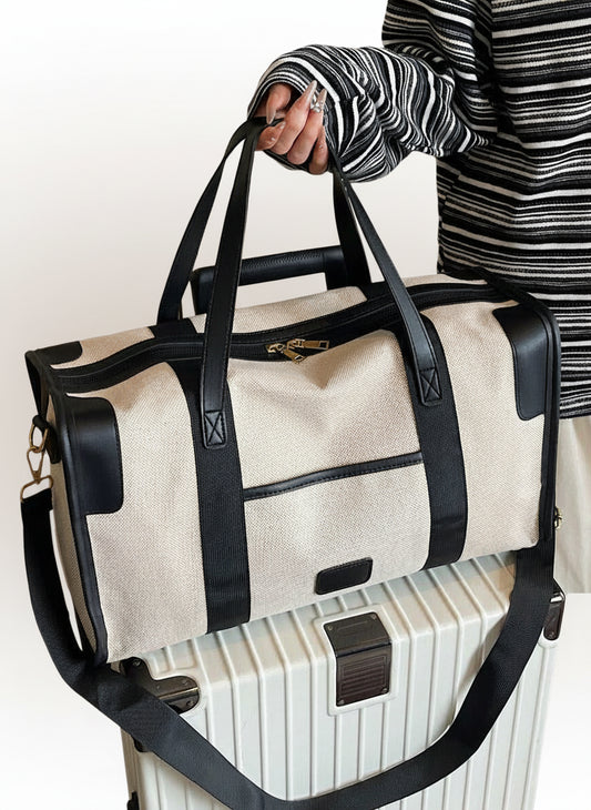 Large Capacity Minimalist Travel Duffel Bag, Fashionable Contrast Color Boston Shoulder Bag, Versatile, Casual & Matching, Can Be Worn Over Shoulder Or Crossbody, Black-Brown With Beige Travel Bag, Suitable As Luggage, Overnight Bag, Gym Bag, Travel Tote,