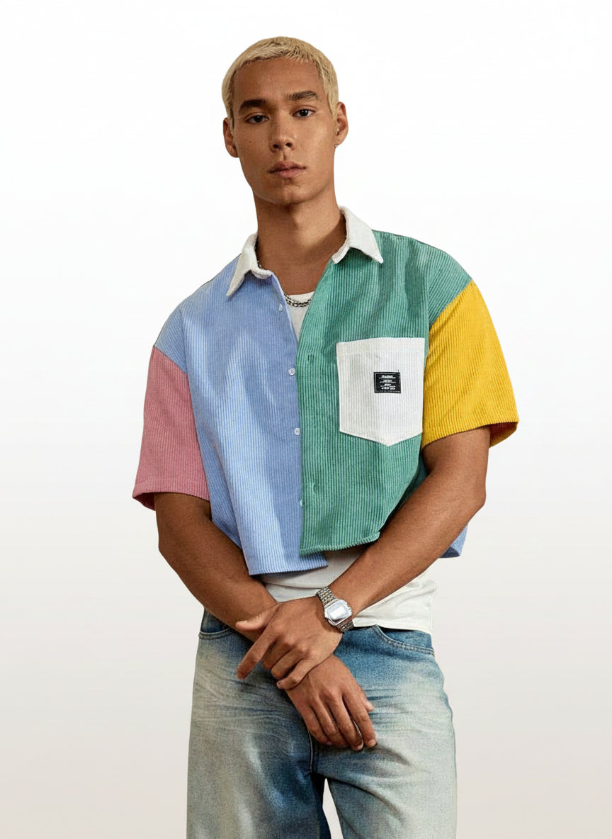 Men's Corduroy Patchwork Short Sleeve Shirt