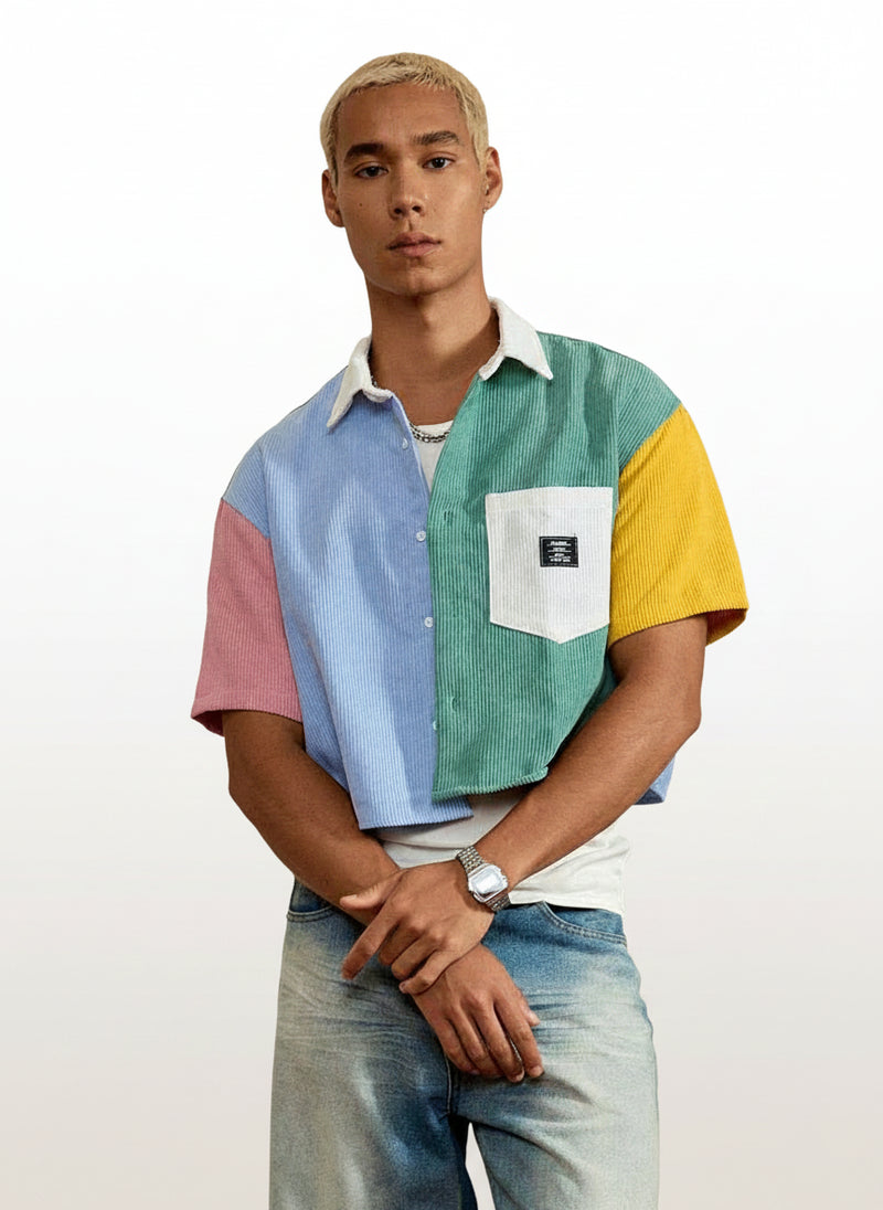 Men's Corduroy Patchwork Short Sleeve Shirt