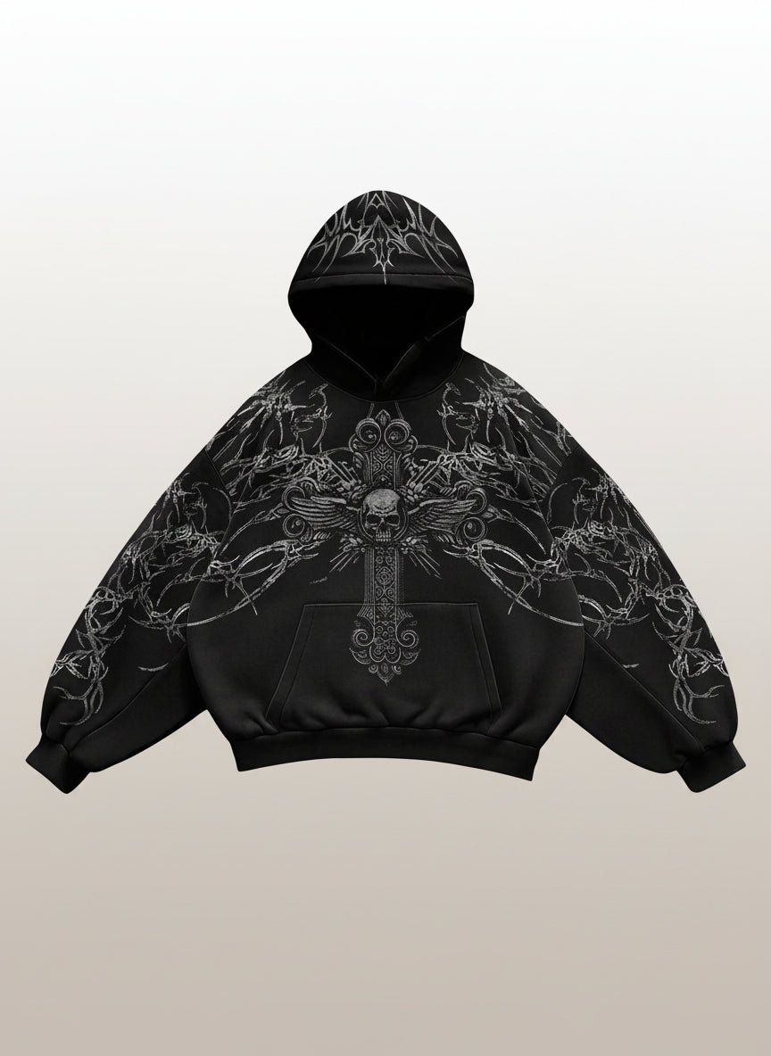 Men's Skull Cross Print Pocket Hoodie