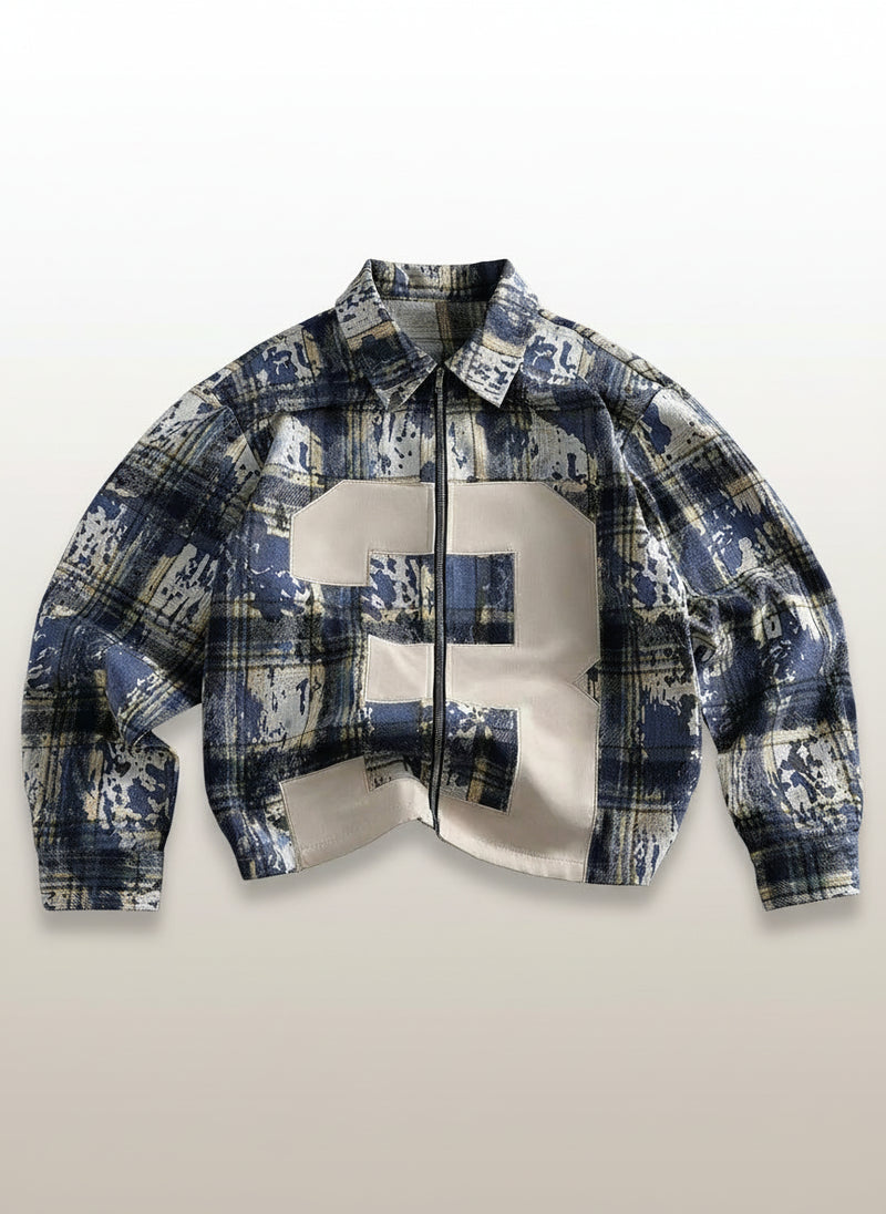 Men's Vintage Checkered Zip-Front Long Sleeve Shirt