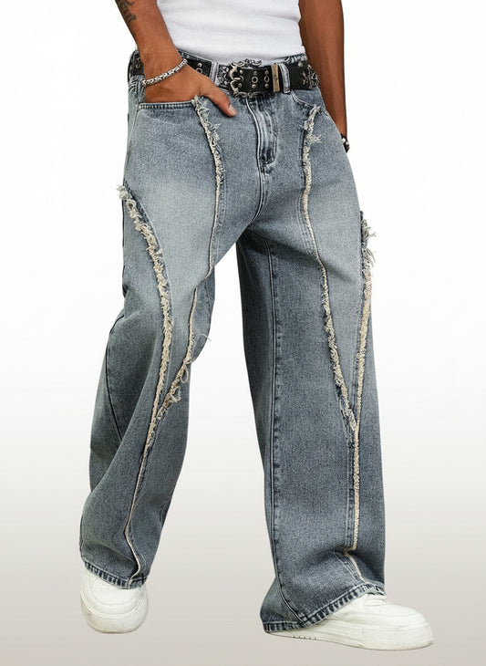 Men's Distressed Patchwork Wide-Leg Baggy Jeans