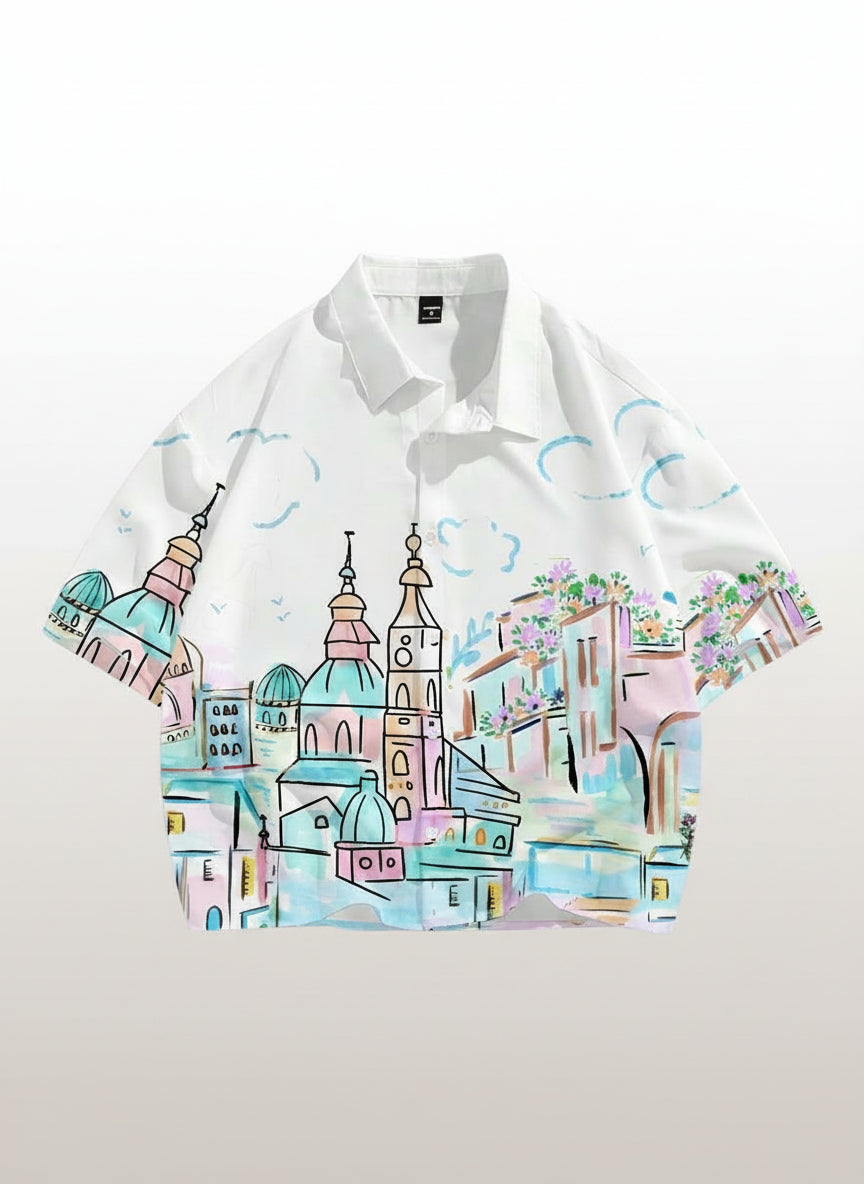 Men's Graffiti Print Loose Cropped Shirt